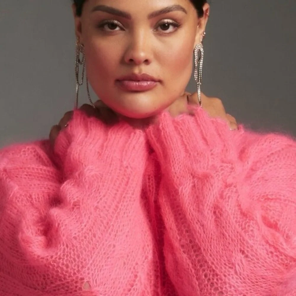 NWOT Anthropologie Hot Pink Distressed Sweater sz S - Picture 4 of 9